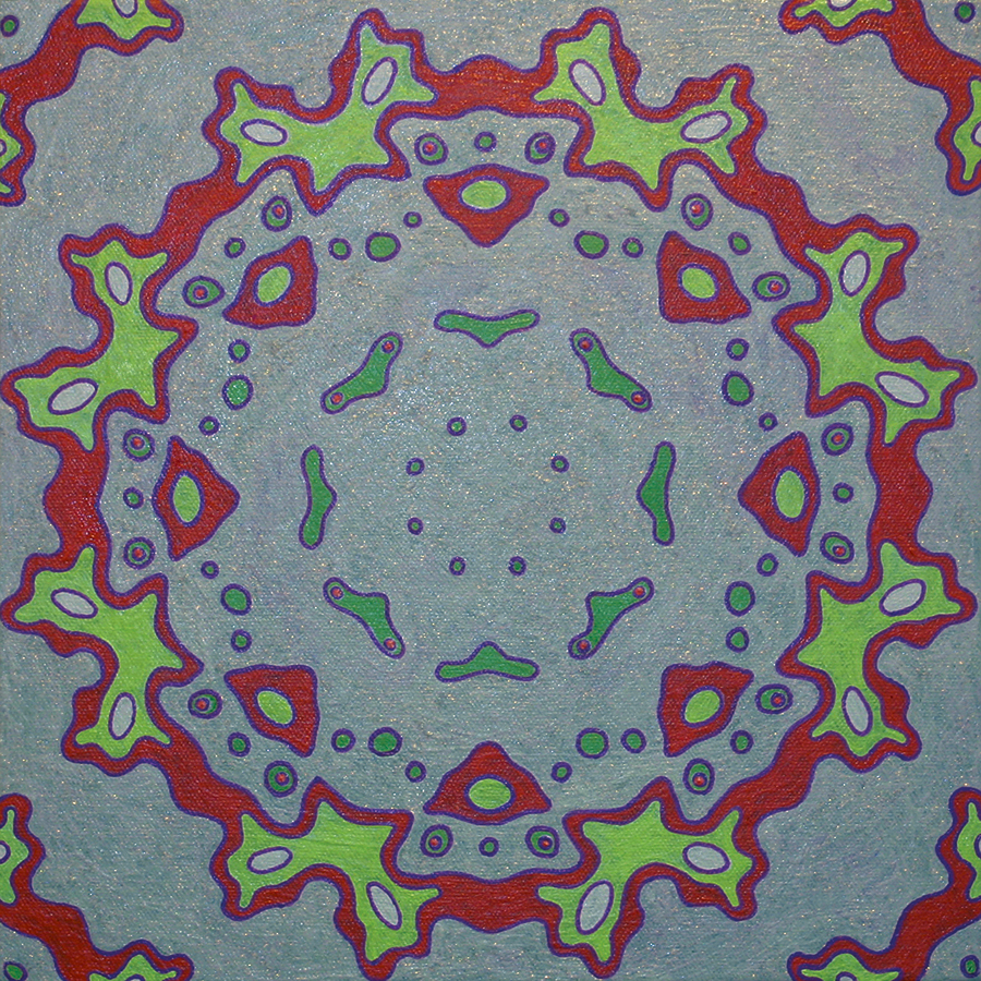 <br/>Pleasant Storax, 2011<br/>12" x 12" x 1<span>½</span>"<br/>acrylic, paper, opaque marker and glitter on canvas